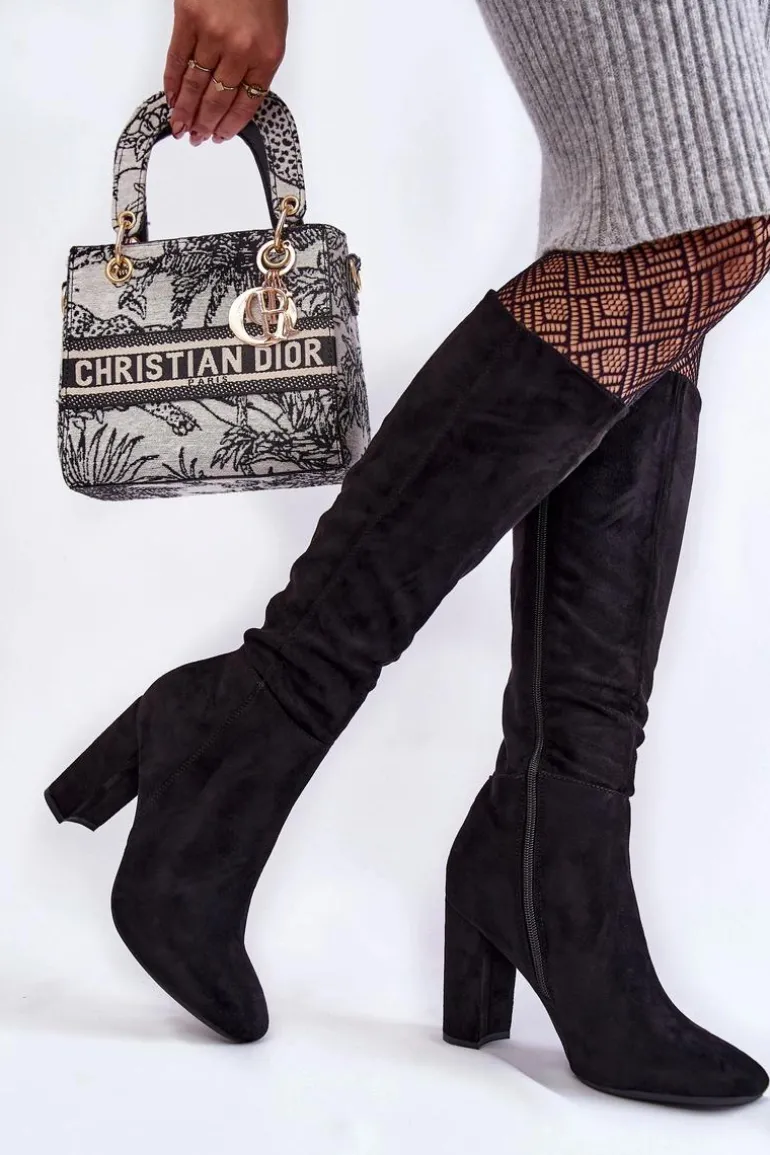 Ocieplane Zamszowe Kozaki Na Słupku Czarne Obsessive