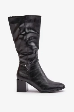 Ocieplnae Kozaki Na Słupku Eko Skórzane Do Połowy Łydki Czarne Ellithira