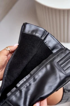 Ocieplnae Kozaki Na Słupku Eko Skórzane Do Połowy Łydki Czarne Ellithira