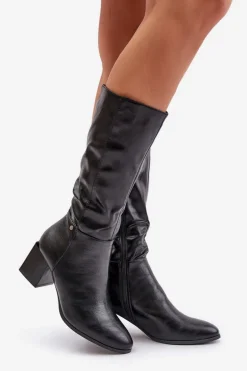 Ocieplnae Kozaki Na Słupku Eko Skórzane Do Połowy Łydki Czarne Ellithira