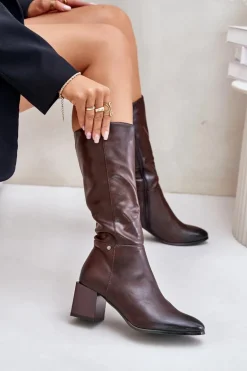 Ocieplnae Kozaki Na Słupku Eko Skórzane Do Połowy Łydki Brązowe Ellithira