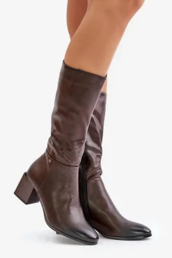 Ocieplnae Kozaki Na Słupku Eko Skórzane Do Połowy Łydki Brązowe Ellithira