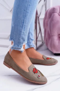 Oliwkowe Damskie Baleriny Naszywki Lipstick