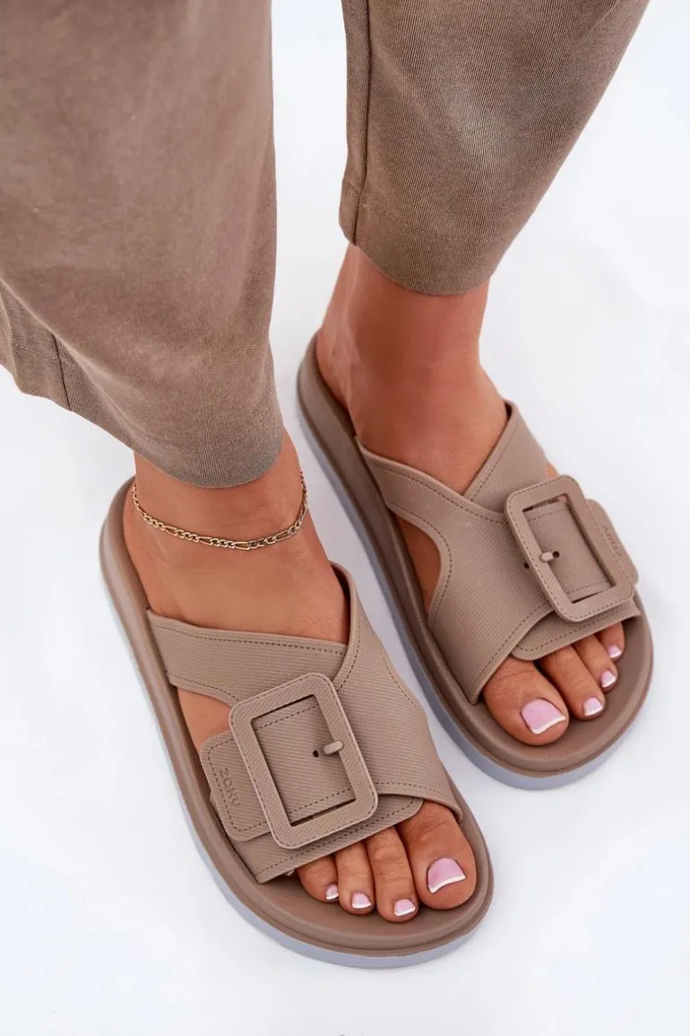 Pachnące Klapki Damskie Z Ozdobną Klamrą ZAXY RR285076 Beżowe