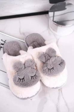 Papcie Damskie Futrzane Biało Szare Rabbit