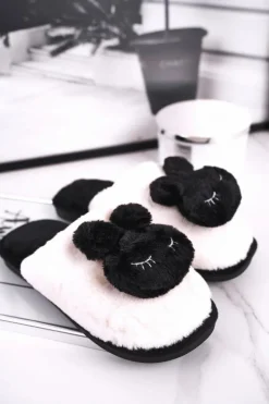 Papcie Damskie Futrzane Biało Czarne Rabbit