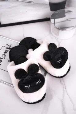 Papcie Damskie Futrzane Biało Czarne Rabbit