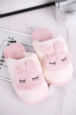 Papcie Damskie Futrzane Biało Różowe Rabbit