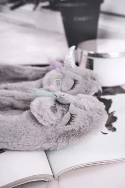 Papcie Damskie Futrzane Jednorożce Szare Rainbow