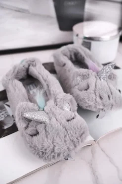 Papcie Damskie Futrzane Jednorożce Szare Rainbow