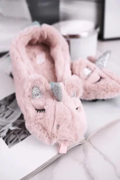 Papcie Damskie Futrzane Jednorożce Różowe Rainbow