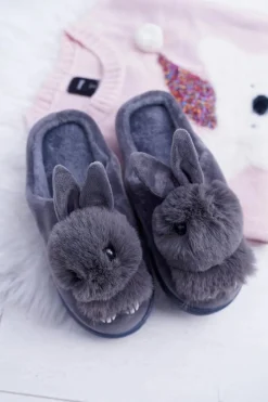 Papcie Damskie Klasyczne Z Królikiem Szare Howi