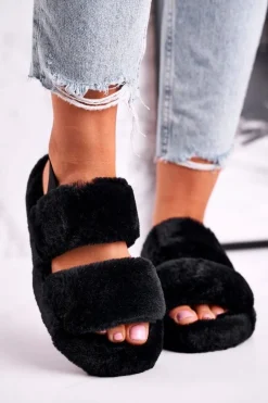 Papcie Damskie na Platformie Futrzane Czarne Cotton Candy