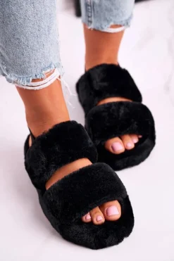 Papcie Damskie na Platformie Futrzane Czarne Cotton Candy