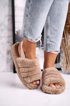 Papcie Damskie na Platformie Futrzane Brązowe Khaki Snowflake