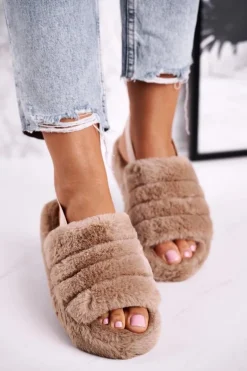 Papcie Damskie na Platformie Futrzane Brązowe Khaki Snowflake