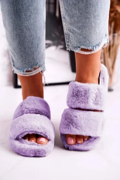 Papcie Damskie na Platformie Futrzane Fioletowe Cotton Candy