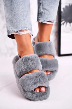 Papcie Damskie na Platformie Futrzane Szare Cotton Candy