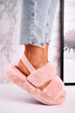 Papcie Damskie na Platformie Futrzane Pomarańczowe Cotton Candy