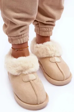 Papcie Damskie Z Futerkiem Jasnobeżowe Lanoze