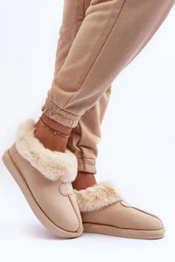 Papcie Damskie Z Futerkiem Jasnobeżowe Lanoze