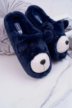 Papcie Damskie Z Futerkiem Miś Granatowe Bear