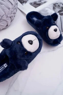 Papcie Damskie Z Futerkiem Miś Granatowe Bear