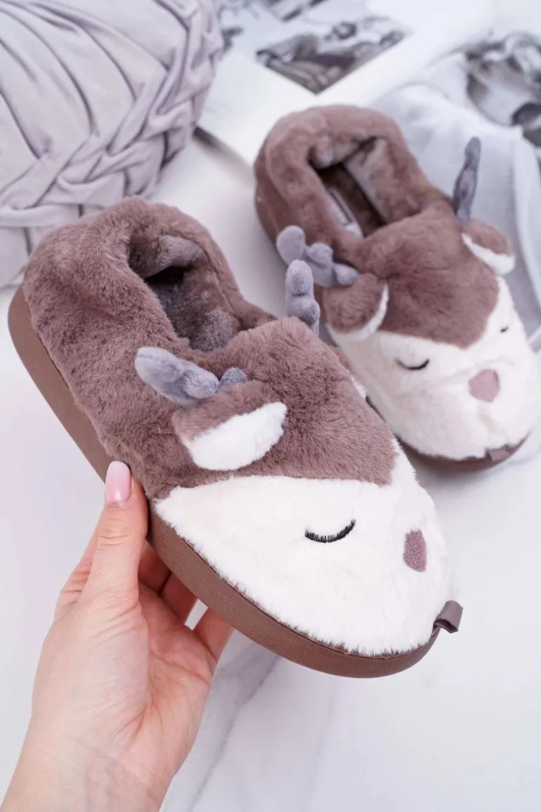 Papcie Damskie Z Futerkiem Renifery Brązowe Reindeer