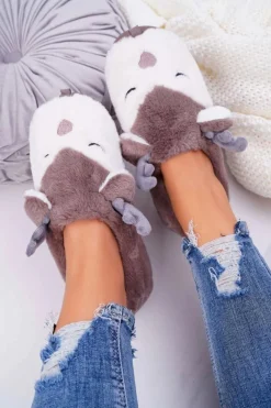 Papcie Damskie Z Futerkiem Renifery Brązowe Reindeer