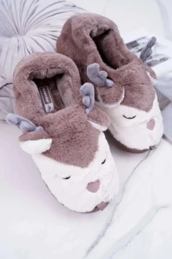 Papcie Damskie Z Futerkiem Renifery Brązowe Reindeer