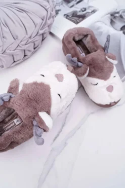 Papcie Damskie Z Futerkiem Renifery Brązowe Reindeer