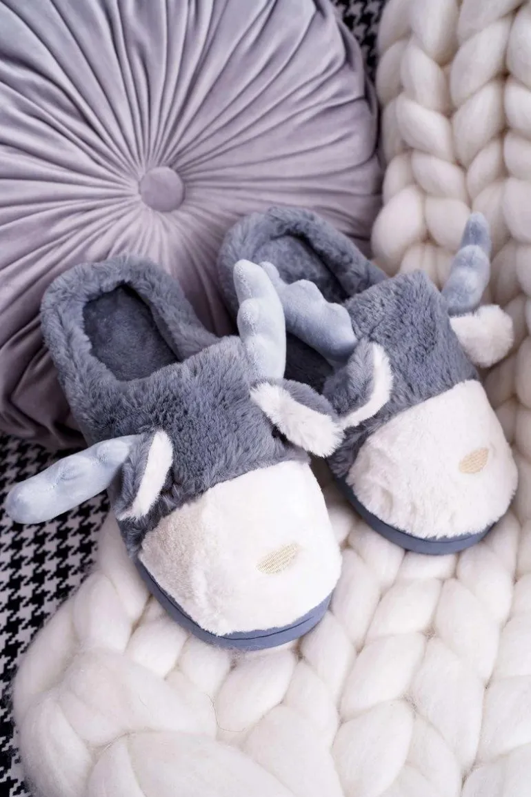 Papcie Damskie Z Futerkiem Renifery Szare Deff