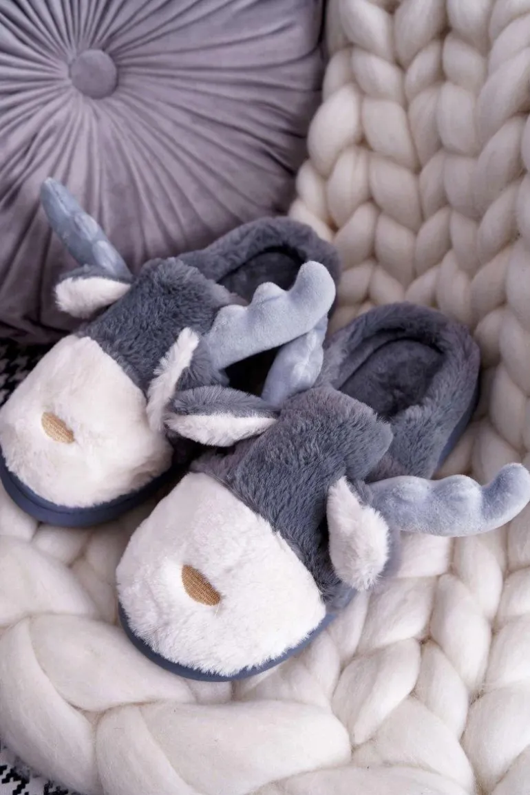 Papcie Damskie Z Futerkiem Renifery Szare Deff