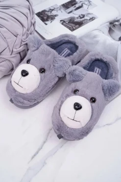 Papcie Damskie Z Futerkiem Miś Szare Bear