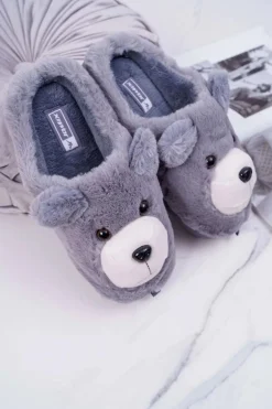 Papcie Damskie Z Futerkiem Miś Szare Bear