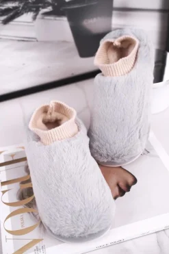 Papcie Damskie Z Futerkiem I Skarpetką Szare Yeti