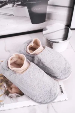 Papcie Damskie Z Futerkiem I Skarpetką Szare Yeti