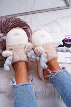 Papcie Damskie Z Futerkiem Renifery Beżowe Deff