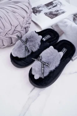 Papcie Damskie Z Futerkiem Kotek Czarne Kitty