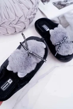 Papcie Damskie Z Futerkiem Kotek Czarne Kitty