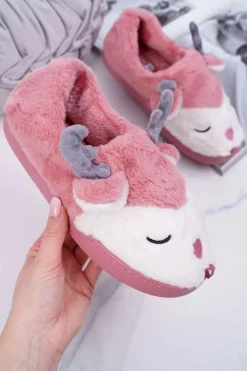 Papcie Damskie Z Futerkiem Renifery Ciemny Róż Reindeer