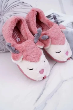 Papcie Damskie Z Futerkiem Renifery Ciemny Róż Reindeer