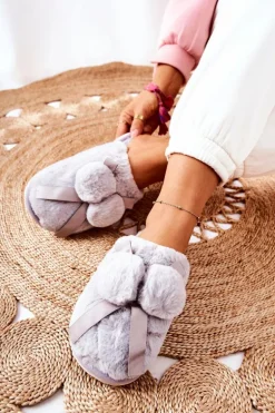 Papcie Futrzane Z Pomponami Szare Pamppy