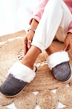 Papcie Ocieplane Z Futerkiem Szare Flamarin