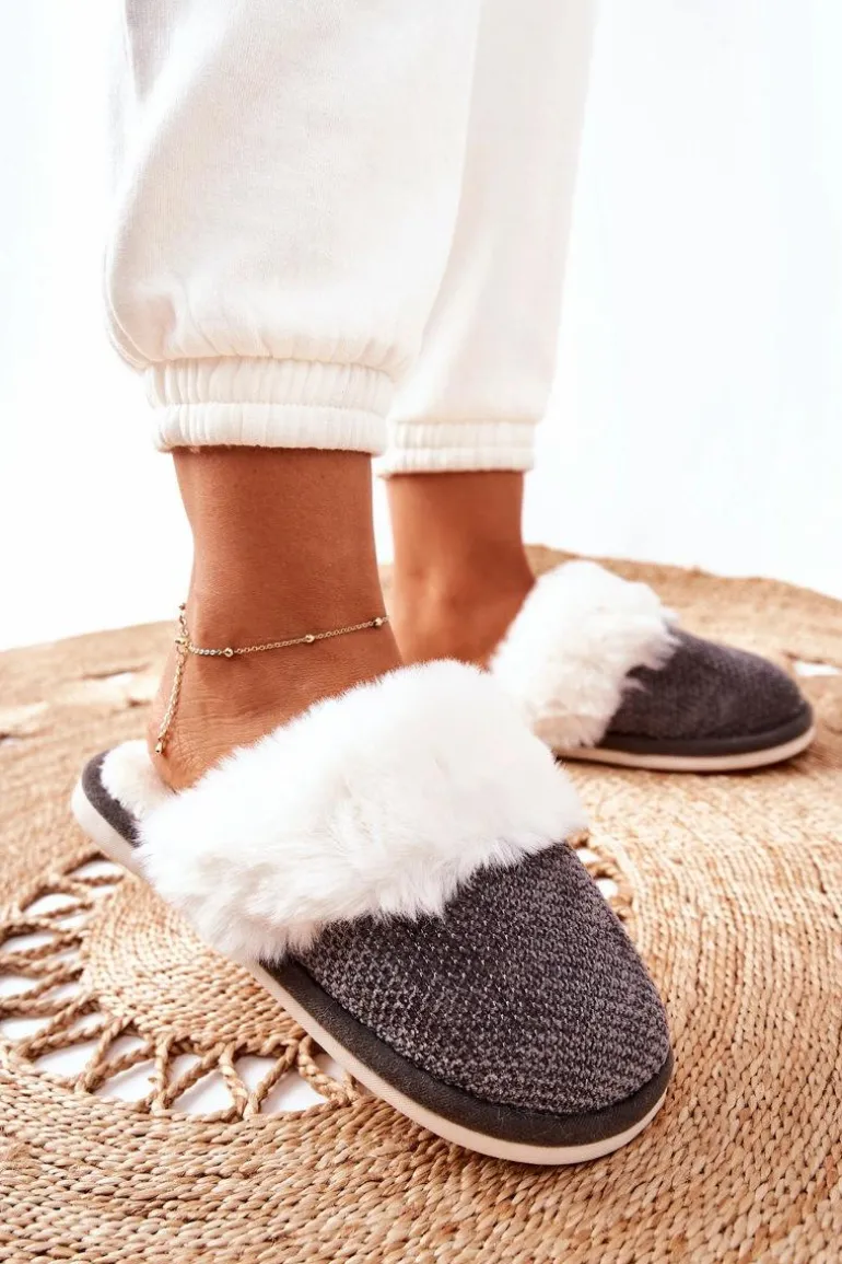 Papcie Ocieplane Z Futerkiem Szare Flamarin