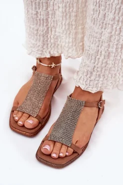 Płaskie Eleganckie Sandały Damskie Z Kryształkami Artiker 56C1365 Brązowe