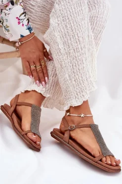 Płaskie Eleganckie Sandały Damskie Z Kryształkami Artiker 56C1365 Brązowe