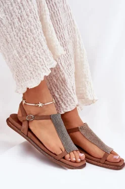 Płaskie Eleganckie Sandały Damskie Z Kryształkami Artiker 56C1365 Brązowe