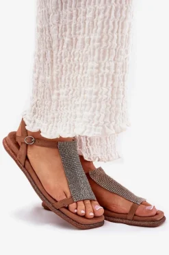 Płaskie Eleganckie Sandały Damskie Z Kryształkami Artiker 56C1365 Brązowe