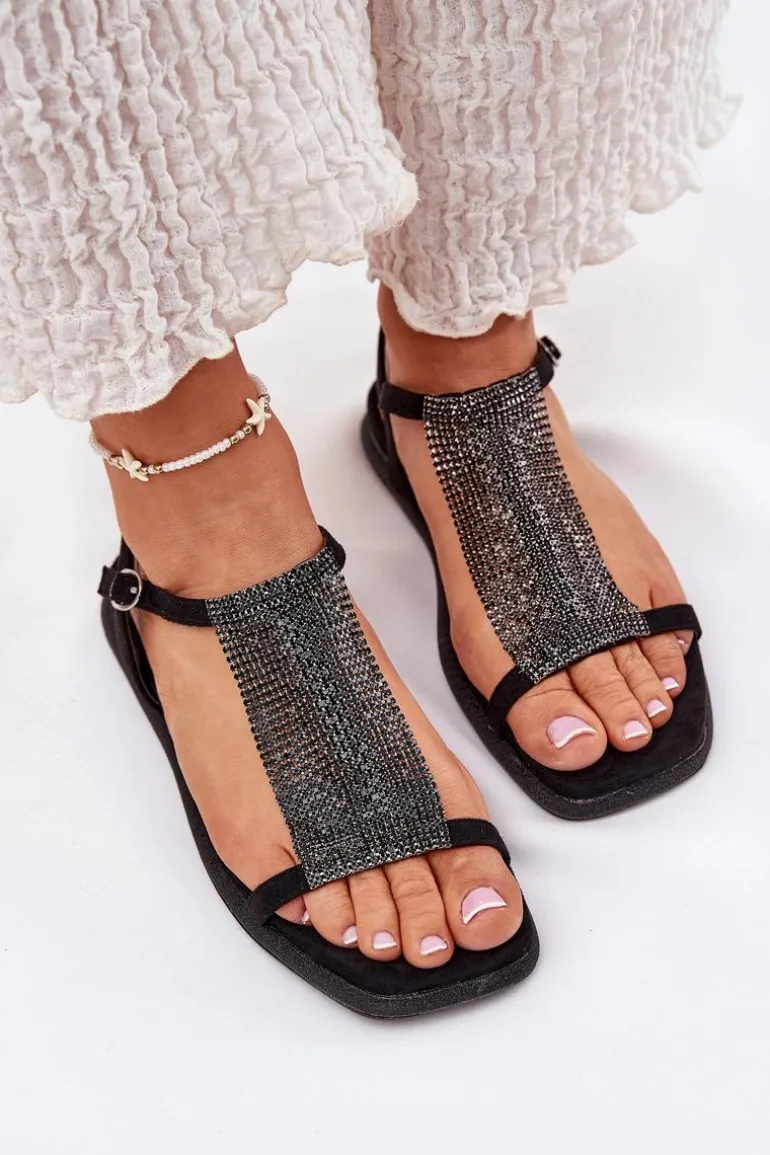 Płaskie Eleganckie Sandały Damskie Z Kryształkami Artiker 56C1370 Czarne